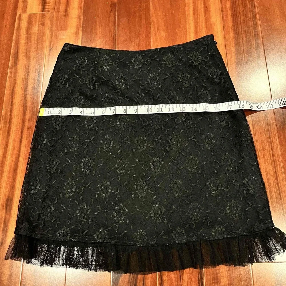 Sharon Endick Vintage Black Lace Skirt Coquette Floral Pencil Ruffled Hem Size 8